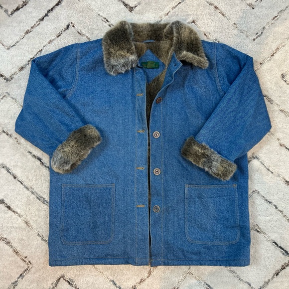 RARE Vintage Hunters Run 90s Denim Chore Coat Jacket Faux Fur - Picture 1 of 11